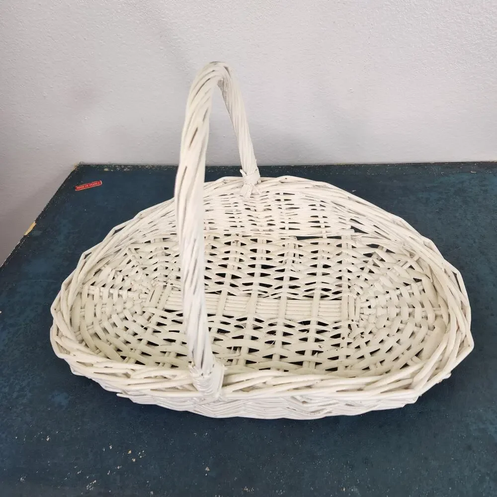 Vintage White Flat Wicker Gathering Basket With Handle Harvest Garden Farmhouse
